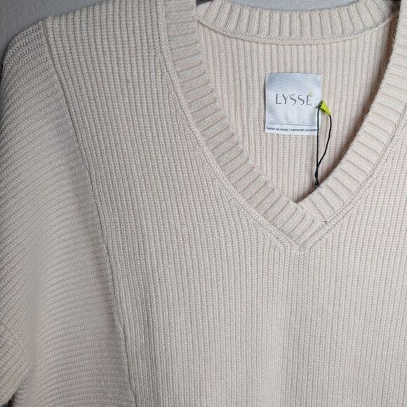 Lysse Cream Oyster Ribbed V-Neck Viscose Blend Tunic Sweater Womens M - Picture 4 of 6